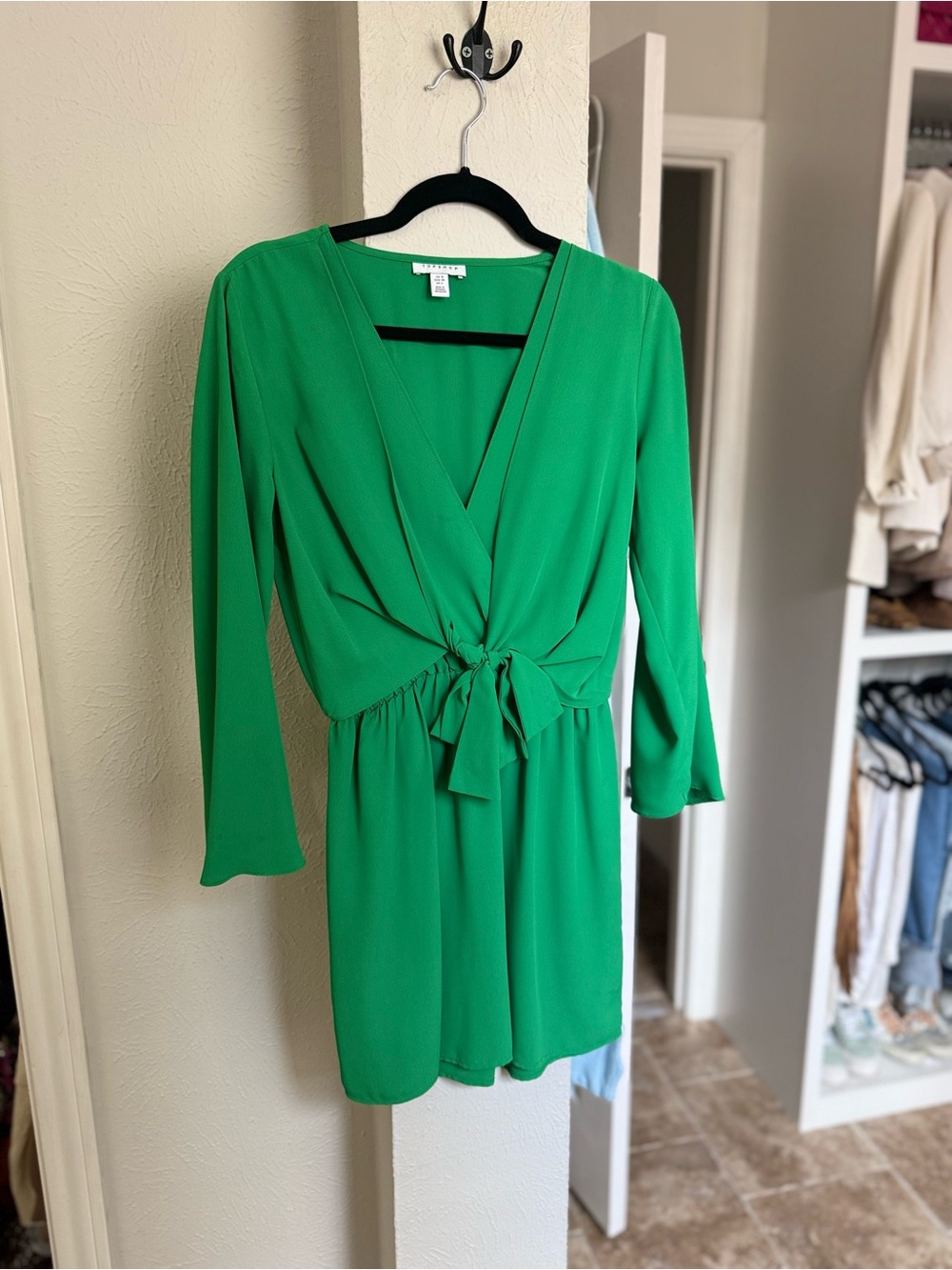 Topshop Emerald Green Long-Sleeve Tie-Front Dress